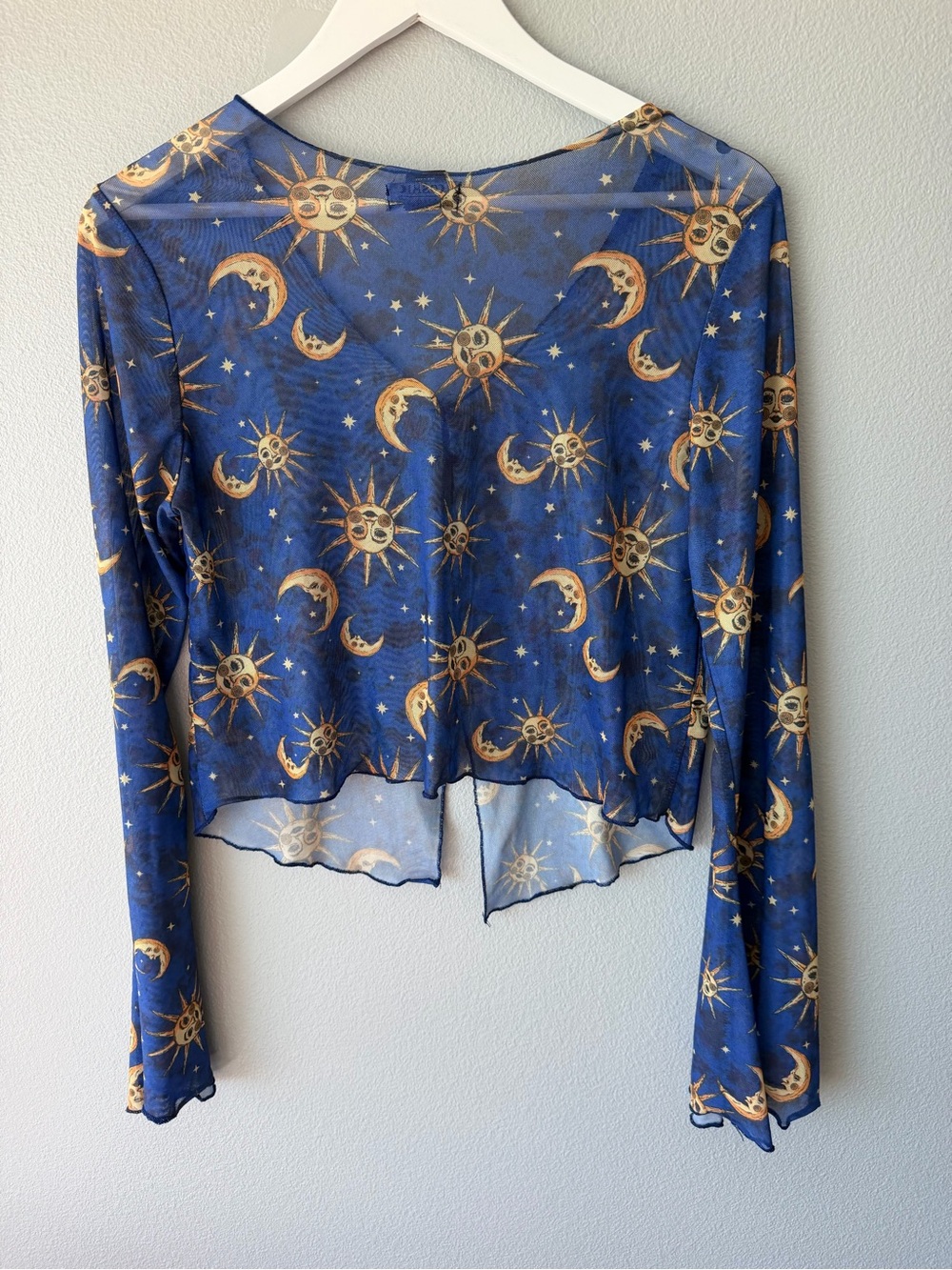 Cosmic Aura celestial sun and moon print sheer mesh crop shrug Women’s sz M - Picture 2 of 5
